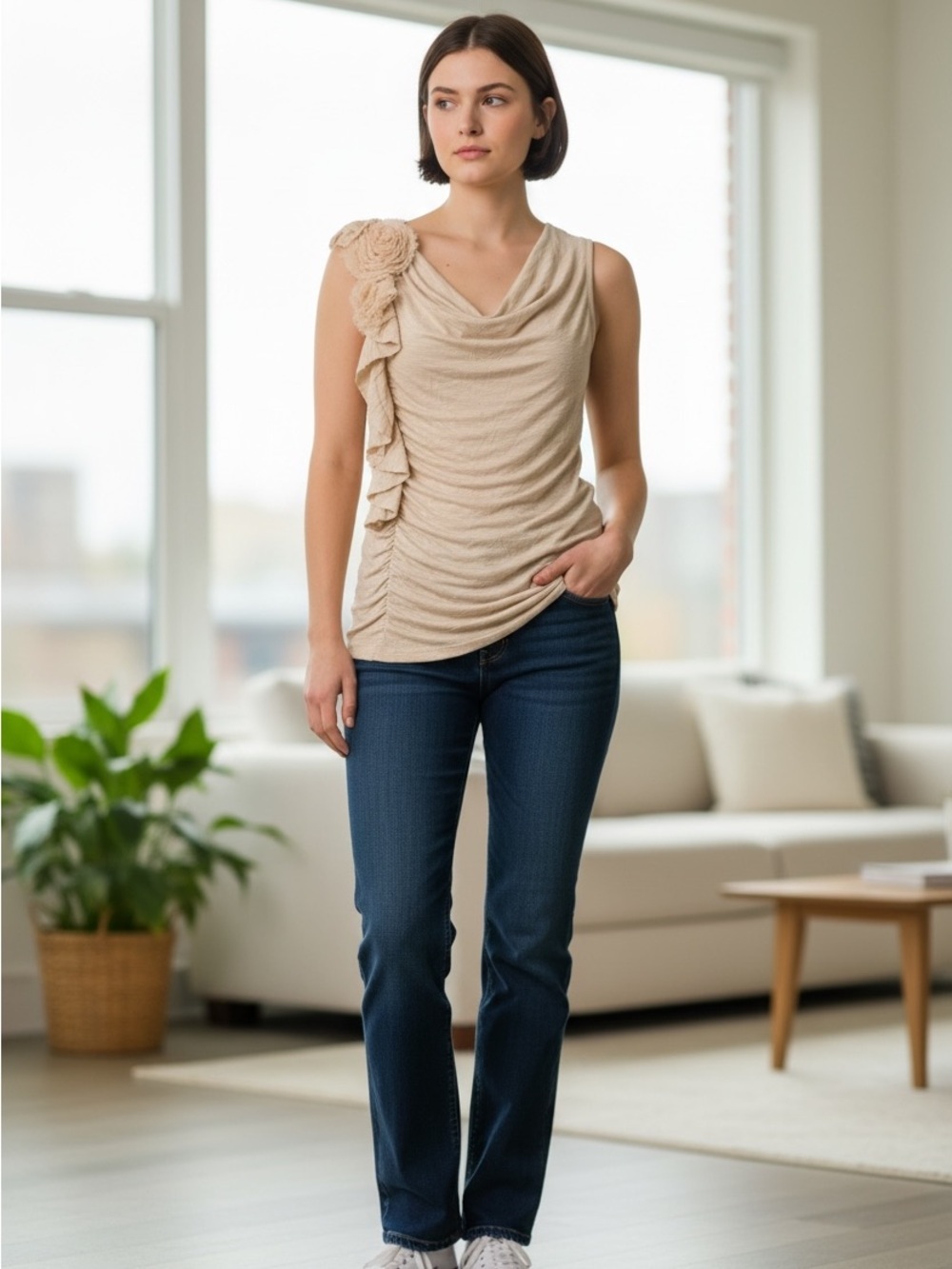Suzy Ruffled Draped Sleeveless Top in Light Beige S